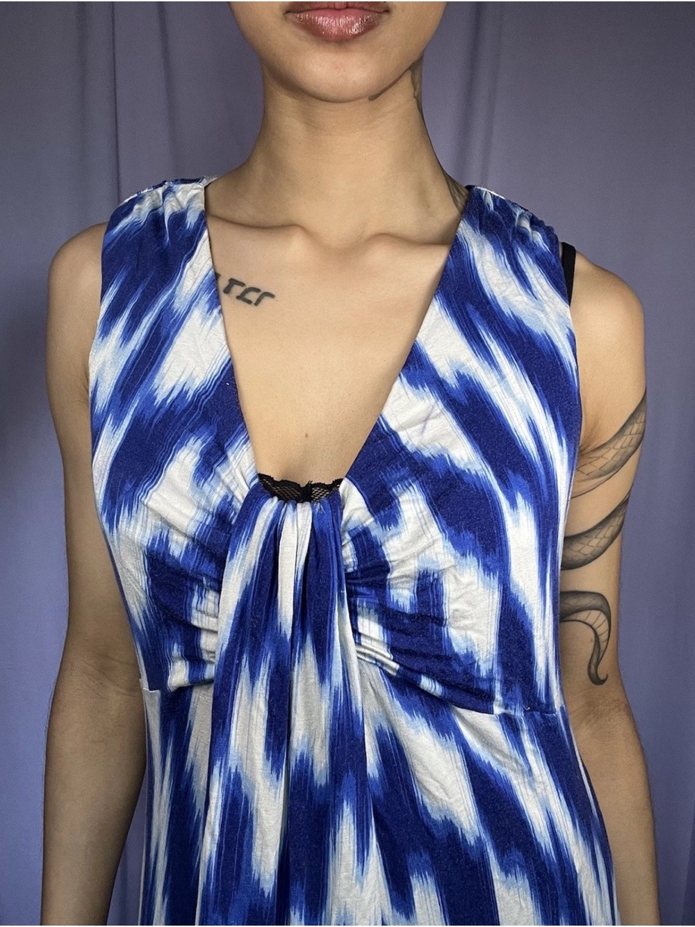 Blue & White Zigzag Striped Maxi Sundress Womens Size M Wide Strap Beach Boho